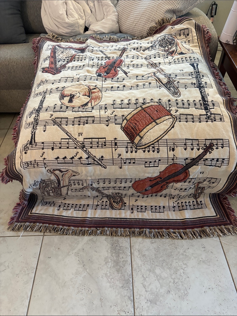 Musical Instruments Woven Throw Blanket - Cream & Rust